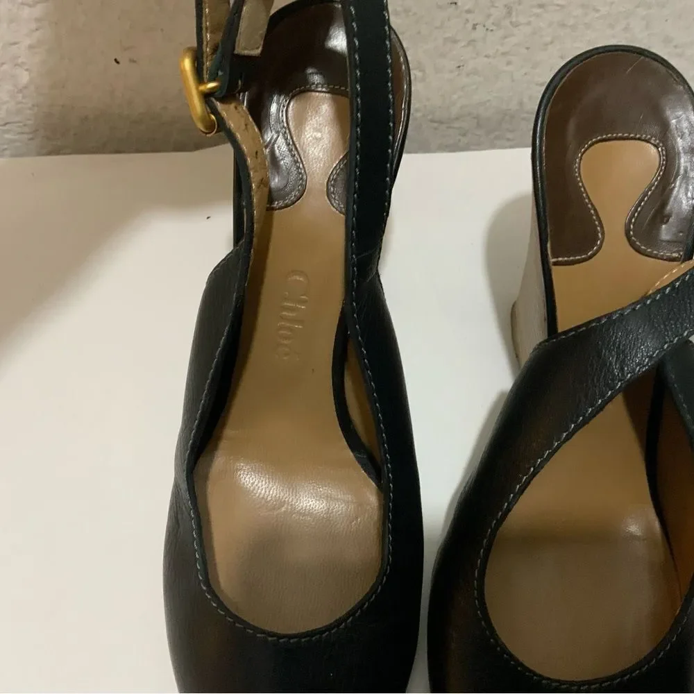 Chloé Leather Slingback Leather Wedge Ankle Pumps In Black 39.5 Italy